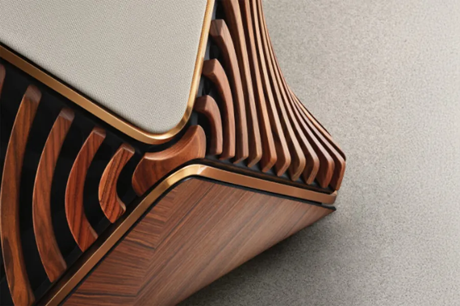 Bang & Olufsen Beolab 90 Monarch Edition – kézzel faragott rózsafa lamellák, okker alumínium