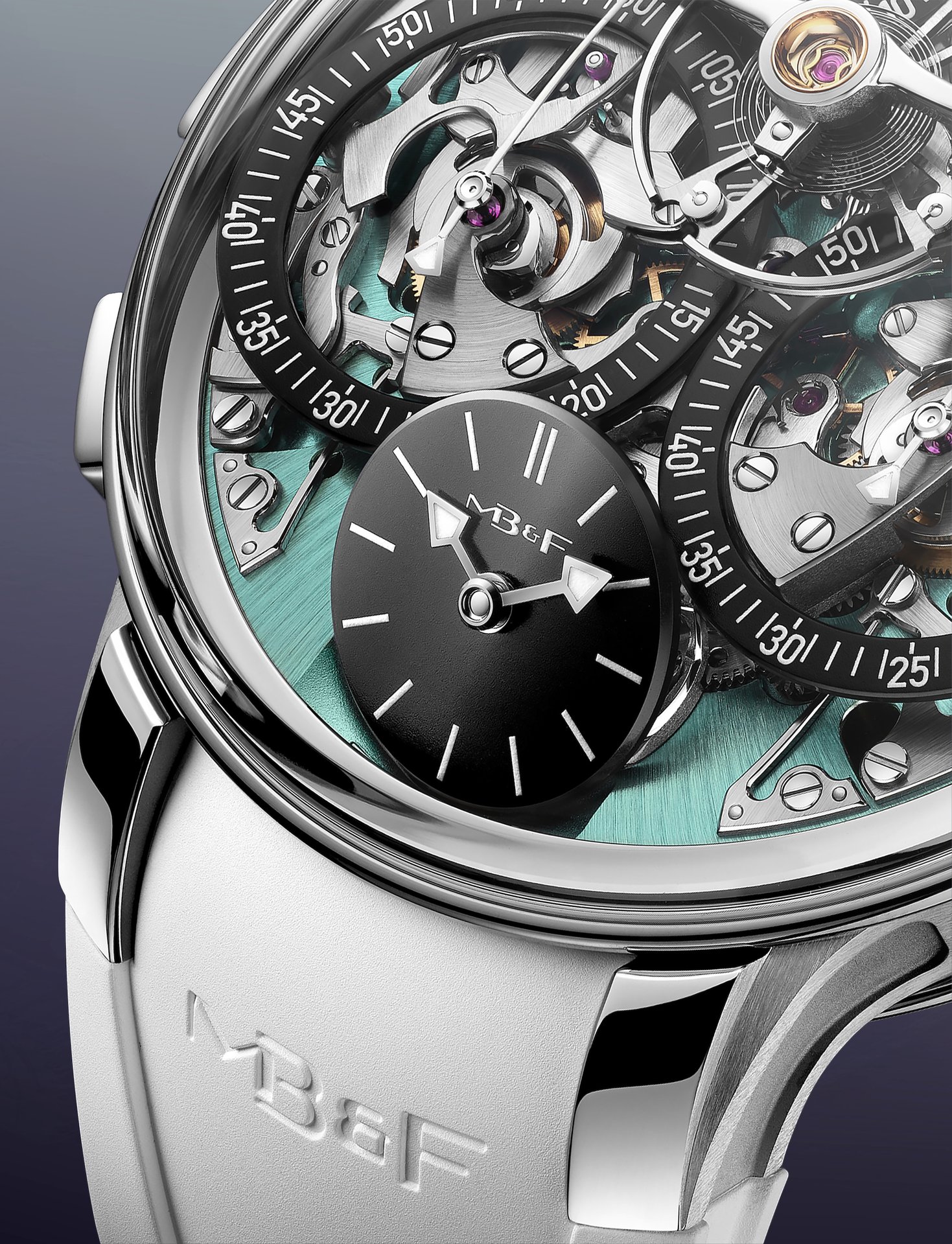 MB&F Legacy Machine Sequential Flyback EVO 2026 — aquamarin tárcsalap, titánkeret, kettős kronográf flyback funkcióval (lifestyle 5)