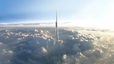 Kingdom Tower (JEC Tower) a felhők fölött – szaúdi felhőkarcoló koncepciórajz