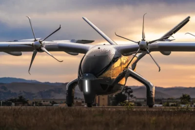Az Archer Midnight eVTOL a kifutón napnyugtakor, tizenkét légcsavarral