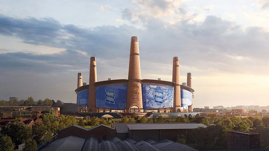 A Birmingham City stadionja tizenkét kéménnyel, éjszakai látványterven