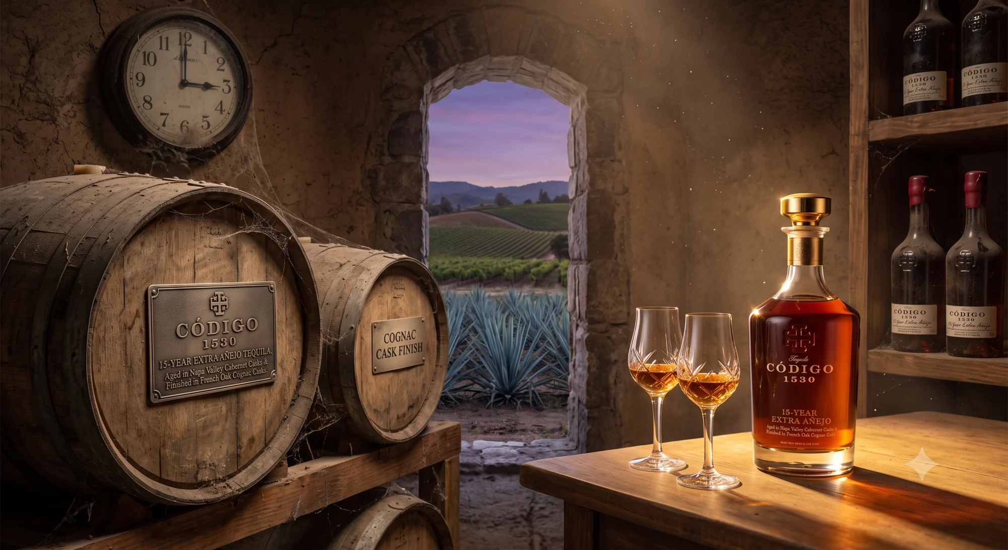 Código 1530 15 éves Extra Añejo tequila palack két kristálypohárral egy érlelőpincében, agávemezőre néző boltív előtt