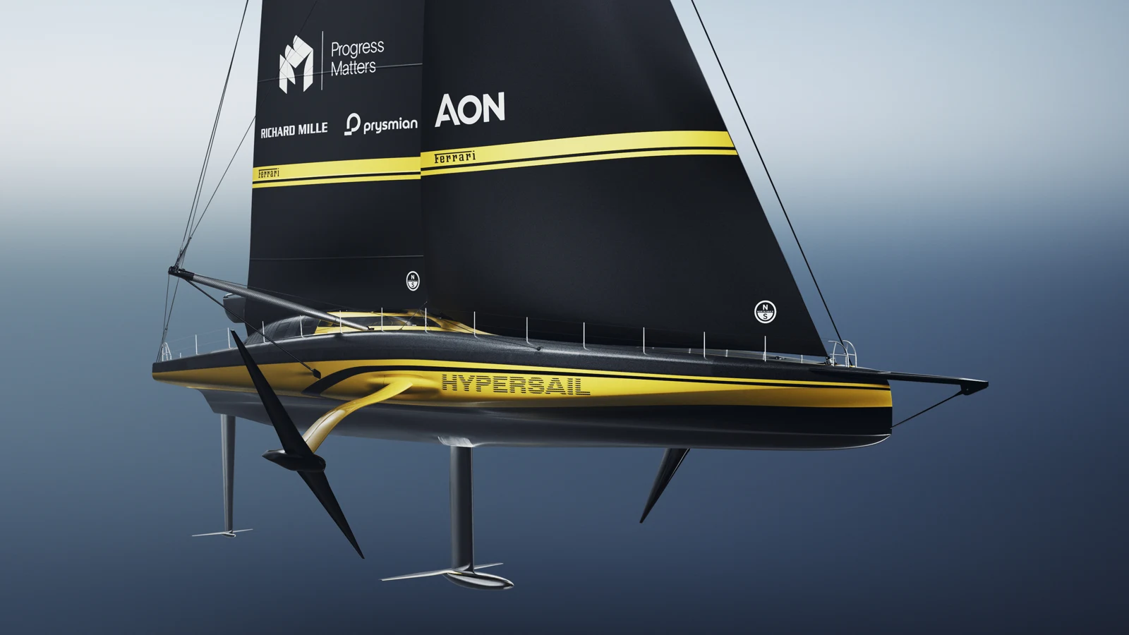 A Ferrari Hypersail háromnegyedes elölnézetből, a hordszárnyakon állva