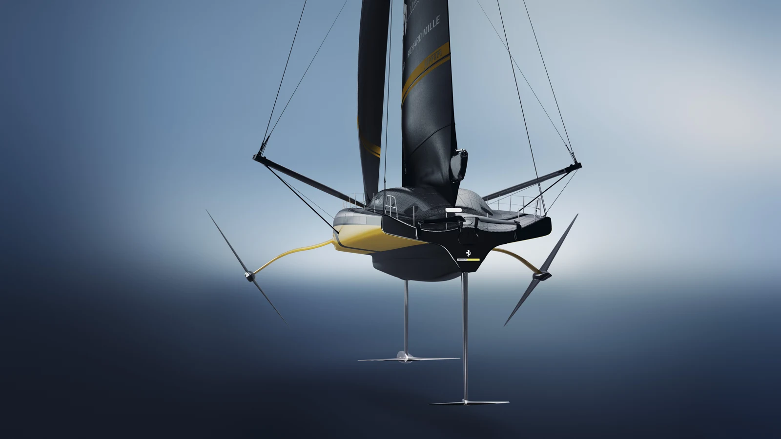 A Ferrari Hypersail hátulnézetből, a hordszárnyak és a tőkesúly részleteivel
