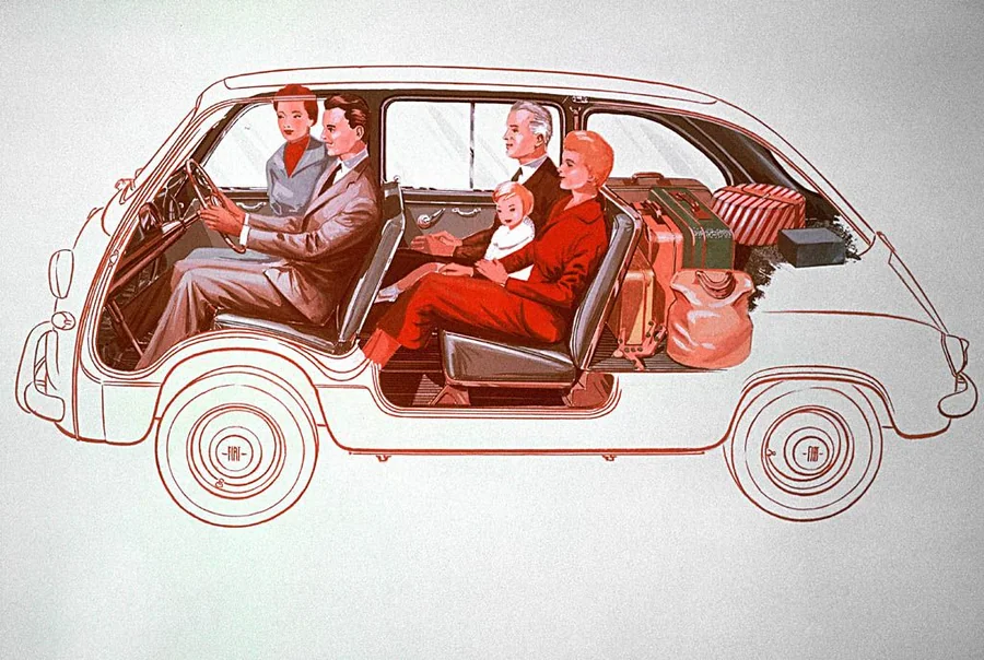 Korabeli metszet az eredeti Fiat 600 Multipla utasteréről hat utassal
