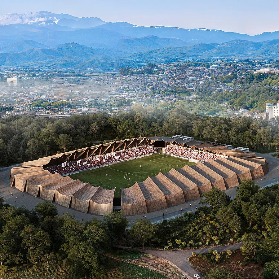 A Fukushima United FC fából épülő, kagylóhéj alakú stadionja felülnézetből