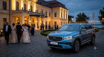 Geely elektromos SUV az Anna Grand Hotel előtt a 201. Anna-bál estéjén