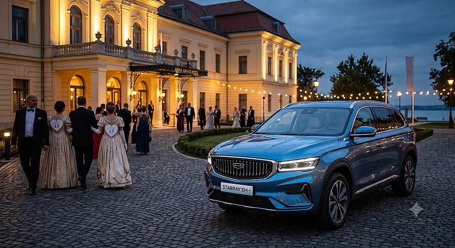 Geely elektromos SUV az Anna Grand Hotel előtt a 201. Anna-bál estéjén
