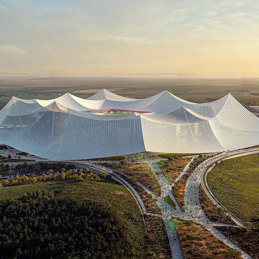 A marokkói Grand Stade Hassan II látványterve fehér, sátorszerű tetővel