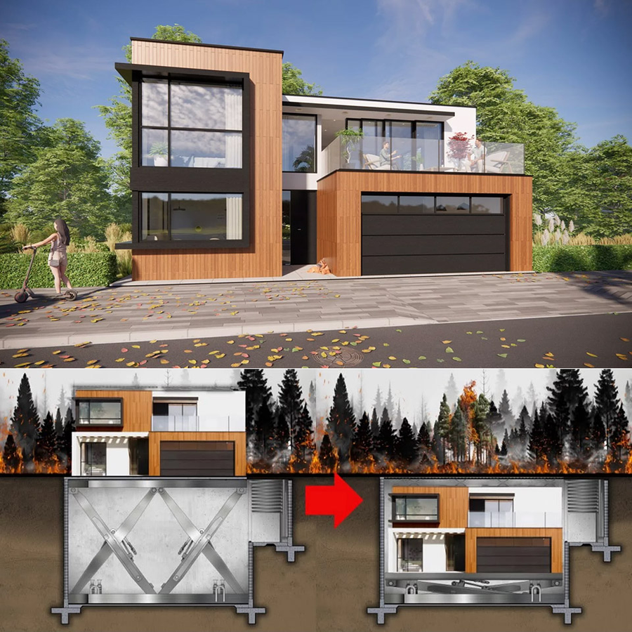 A HiberTec Homes ház keresztmetszete a föld alatti betonboltozattal és hidraulikus mechanizmussal, erdőtűz idején