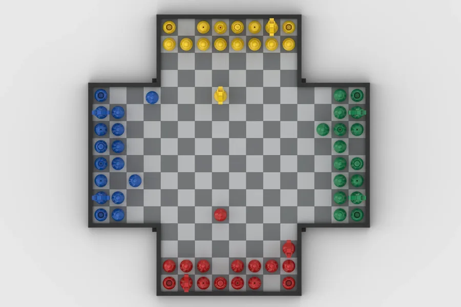A négyszemélyes LEGO sakk kereszt alakú táblája felülnézetből, négy színű sereggel