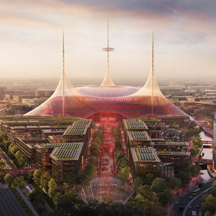 A Foster + Partners által tervezett új Manchester United stadion sátorszerű tetővel és három árboccal