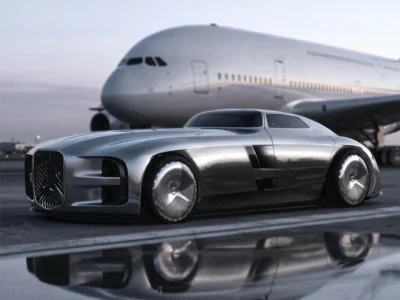 A Mercedes-Benz Vision Timeless ezüst koncepcióautó egy Airbus A380 előtt