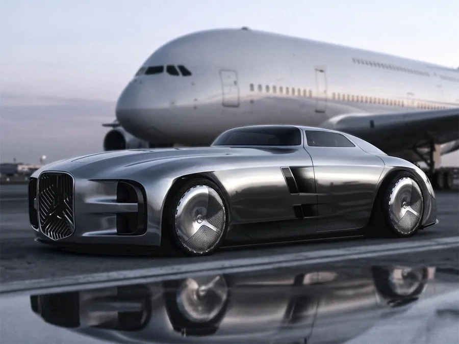 A Mercedes-Benz Vision Timeless ezüst koncepcióautó egy Airbus A380 előtt