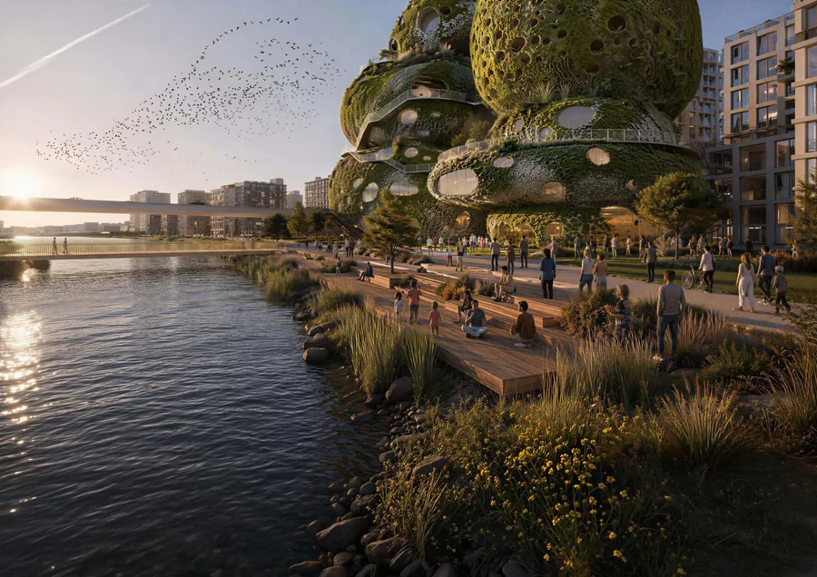 Látogatók sétálnak a Rotterdam ROCKS! zöld, bejárható tetőtájában