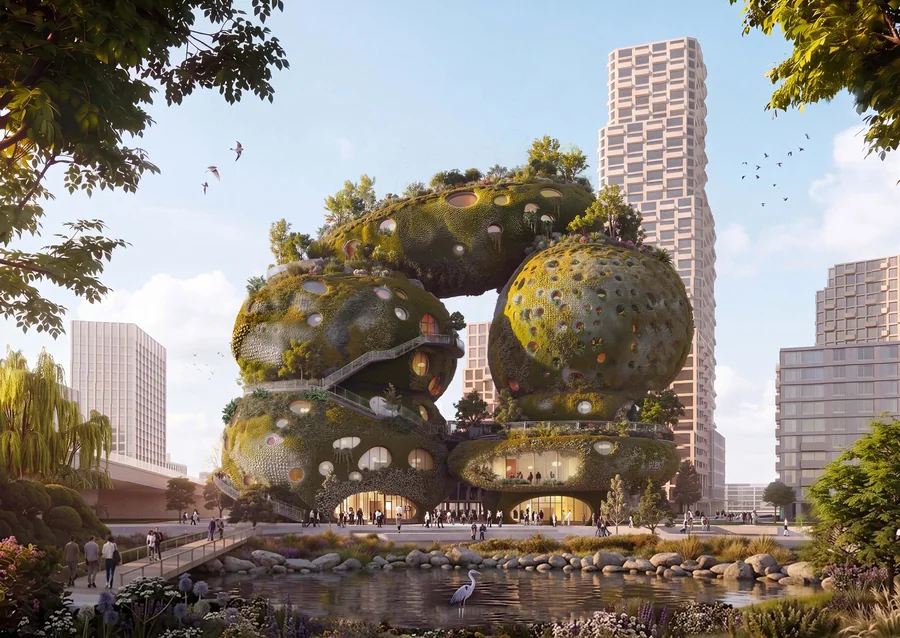 Az MVRDV Rotterdam ROCKS! kulturális központja sziklatájként emelkedik a Maas partján, zöld homlokzattal