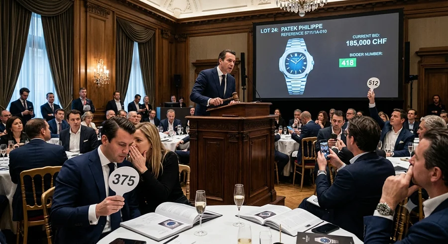Árverési terem illusztrációja: kikiáltó a kalapáccsal, a vásznon egymillió CHF körüli óratétel
