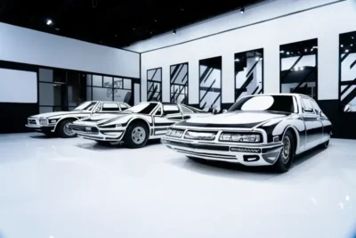 Joshua Vides fekete-fehér, kétdimenzióssá rajzolt autói a Petersen Museum galériájában