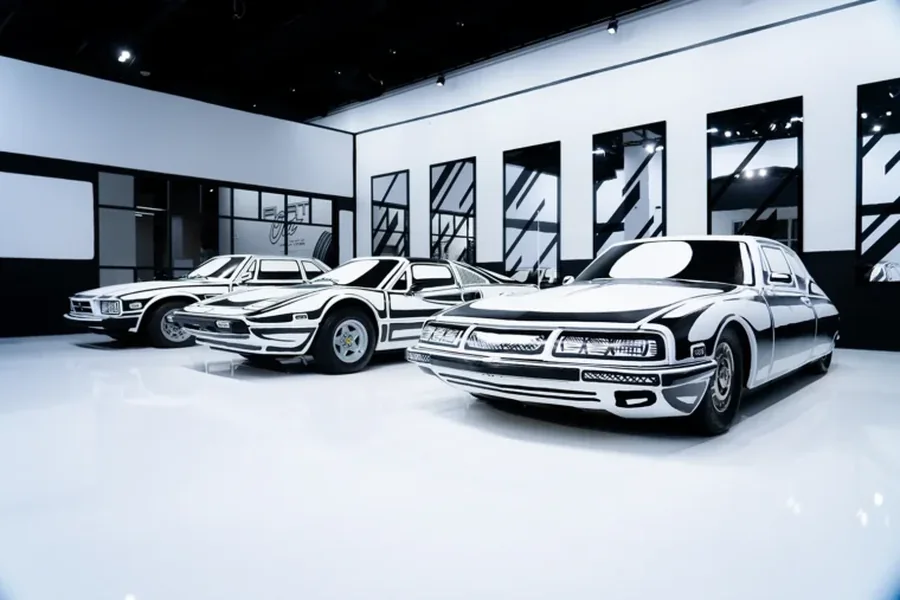 Joshua Vides fekete-fehér, kétdimenzióssá rajzolt autói a Petersen Museum galériájában