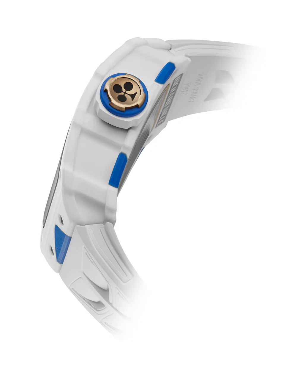A Richard Mille RM 64-01 óra oldalról, a koronán a Colnago emblémájával
