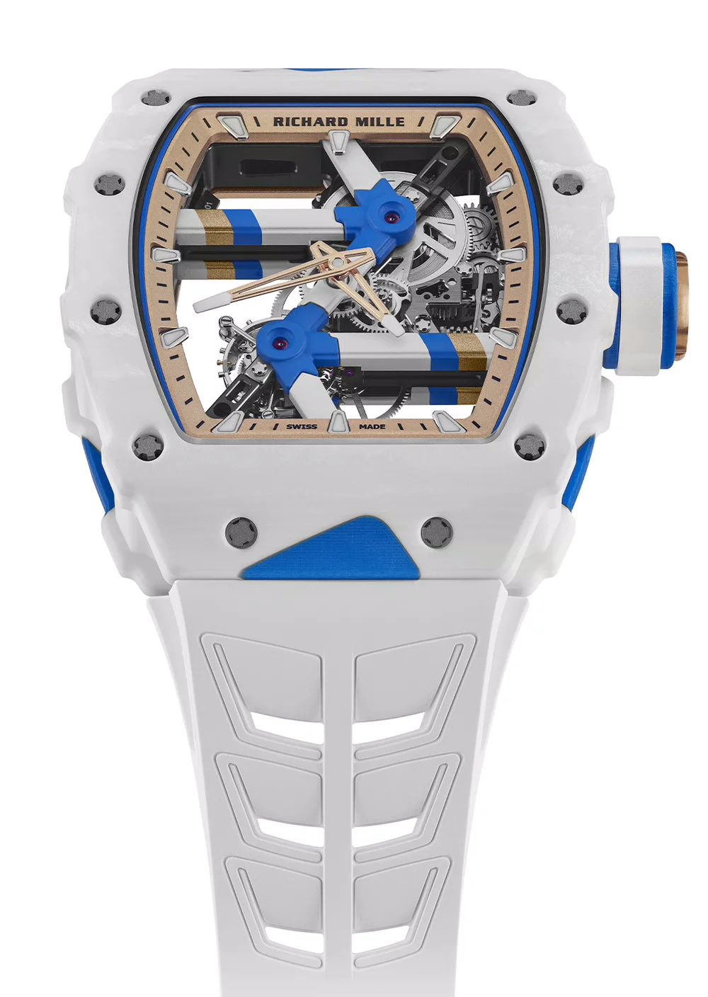 A Richard Mille RM 64-01 Tourbillon Colnago óra szemből, fehér tokkal