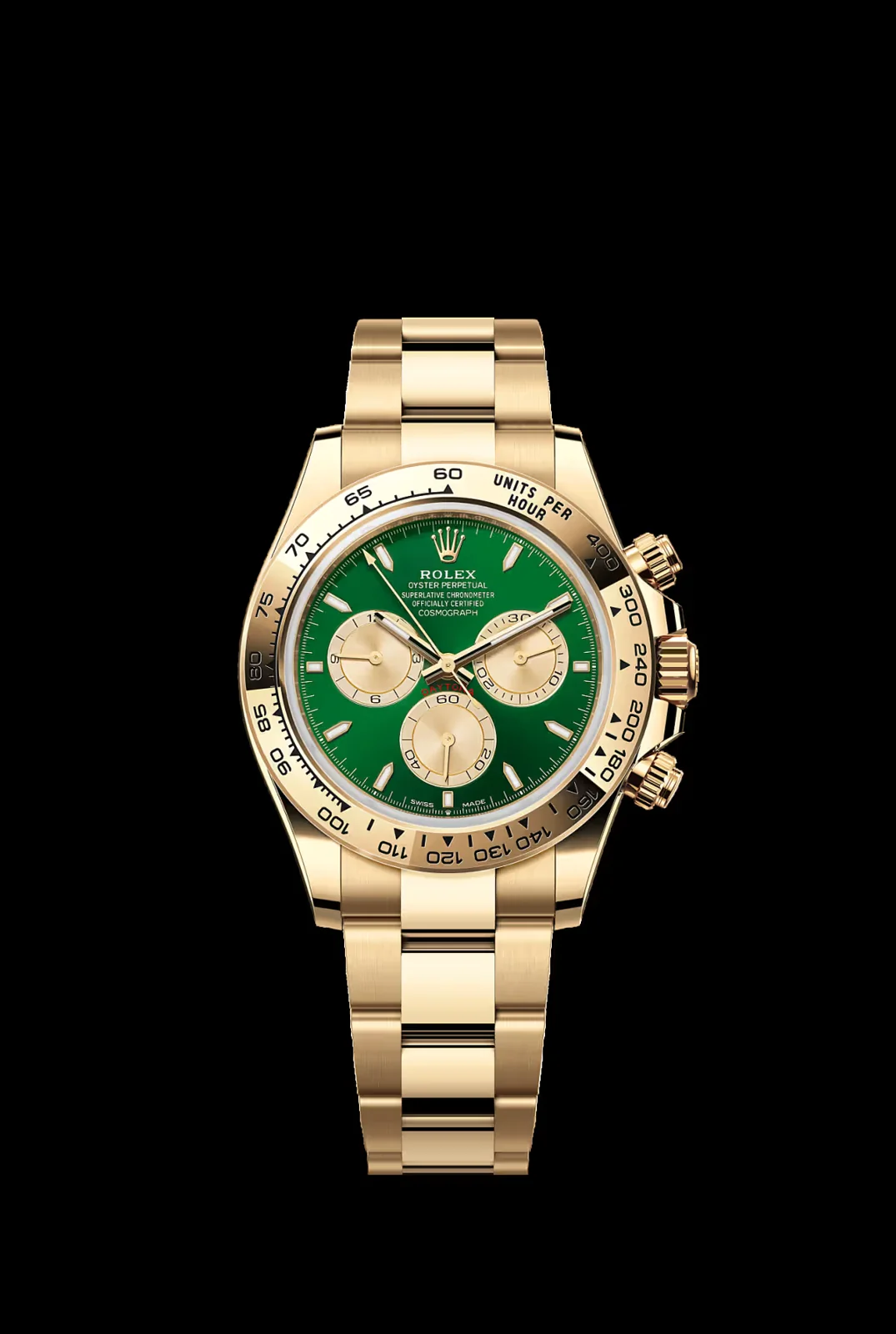 Sárgaarany Rolex Cosmograph Daytona zöld számlappal, arany Oyster szíjjal