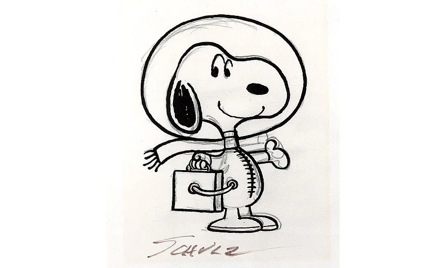 Charles M. Schulz kézzel szignózott, tiszta vonalú tusrajza az űrhajós Snoopyról