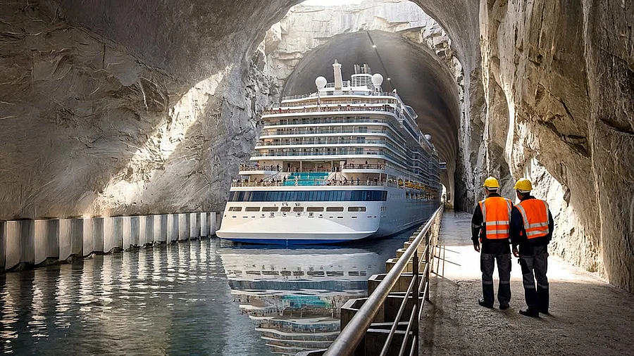 Látványterv a Stad hajóalagút belsejéről, áthaladó tengerjáróval és munkásokkal