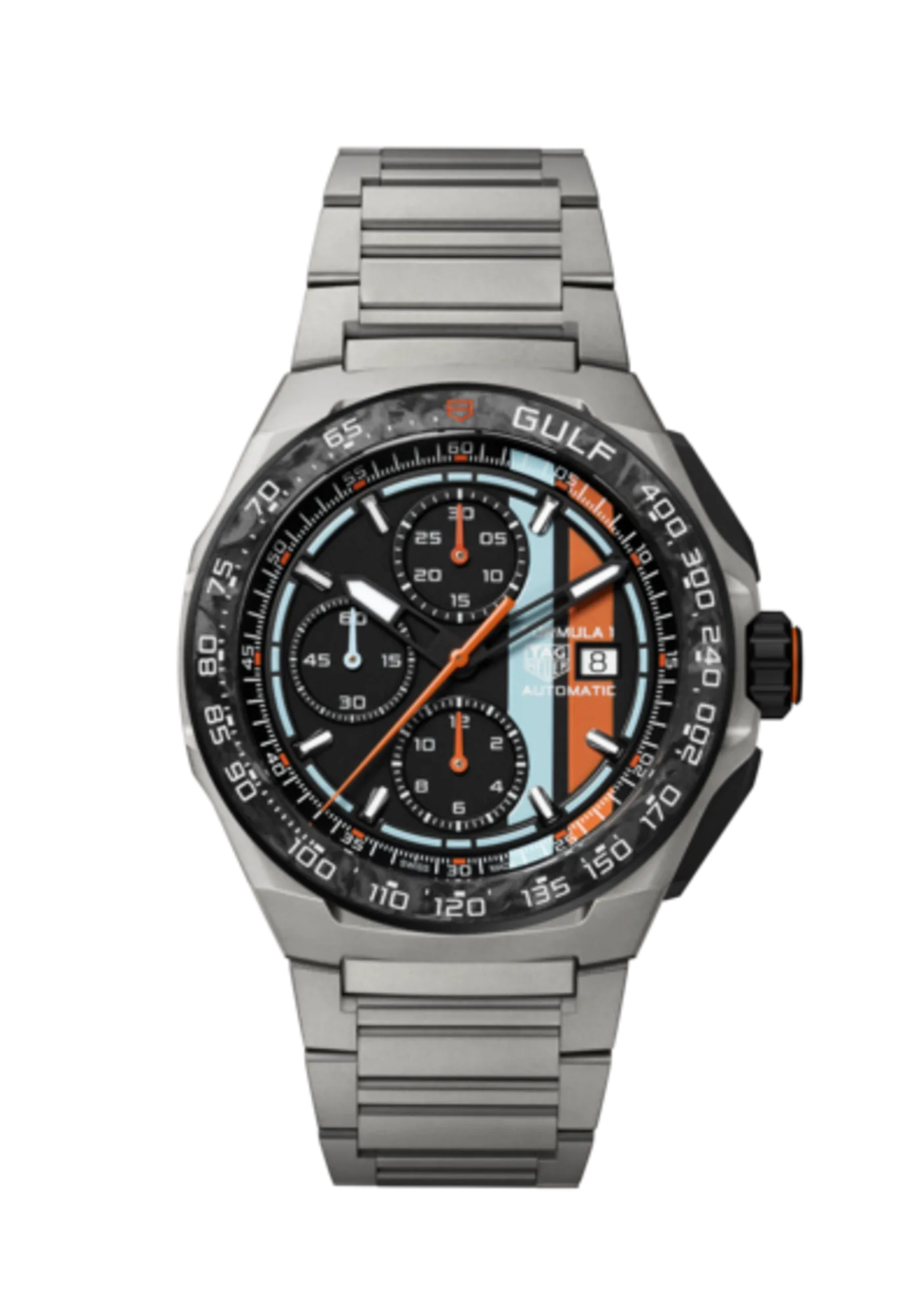 A TAG Heuer Formula 1 Chronograph x Gulf óra előlapja titán szíjon
