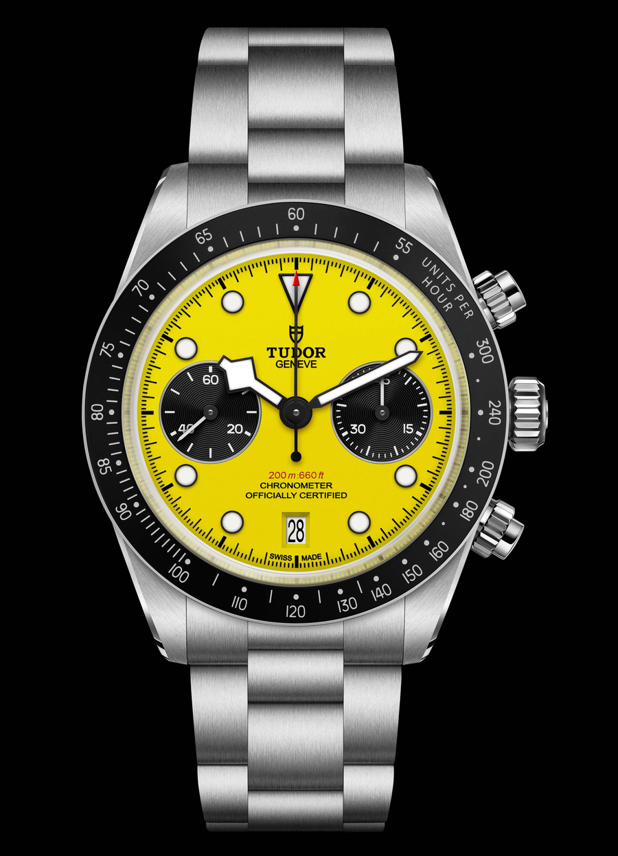 Tudor Black Bay Chrono 39 Bumblebee sárga számlapú kronográf acél szíjon