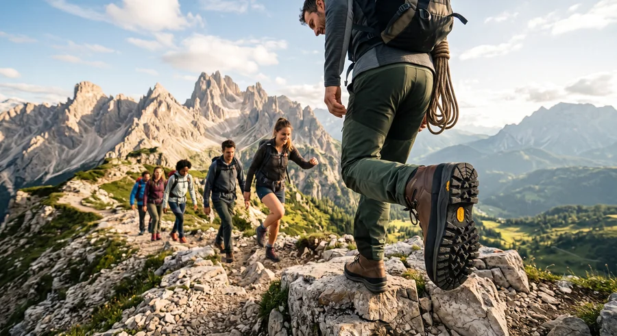 Túrázók csoportja a hegyekben, Vibram talpú cipőkben