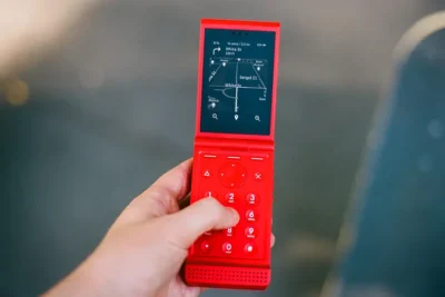 Piros Light Phone Flip kinyitva, kézben tartva
