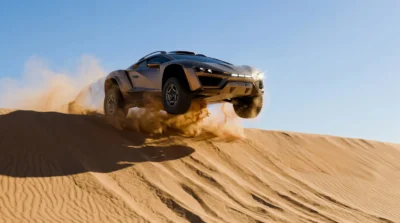 A Rezvani Dune a homokdűnék felett a levegőben