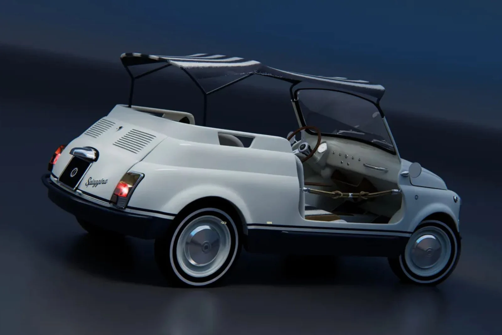 Fehér, nyitott Fiat 500 Spiaggina restomod hátulnézetből, csíkos ponyvatetővel