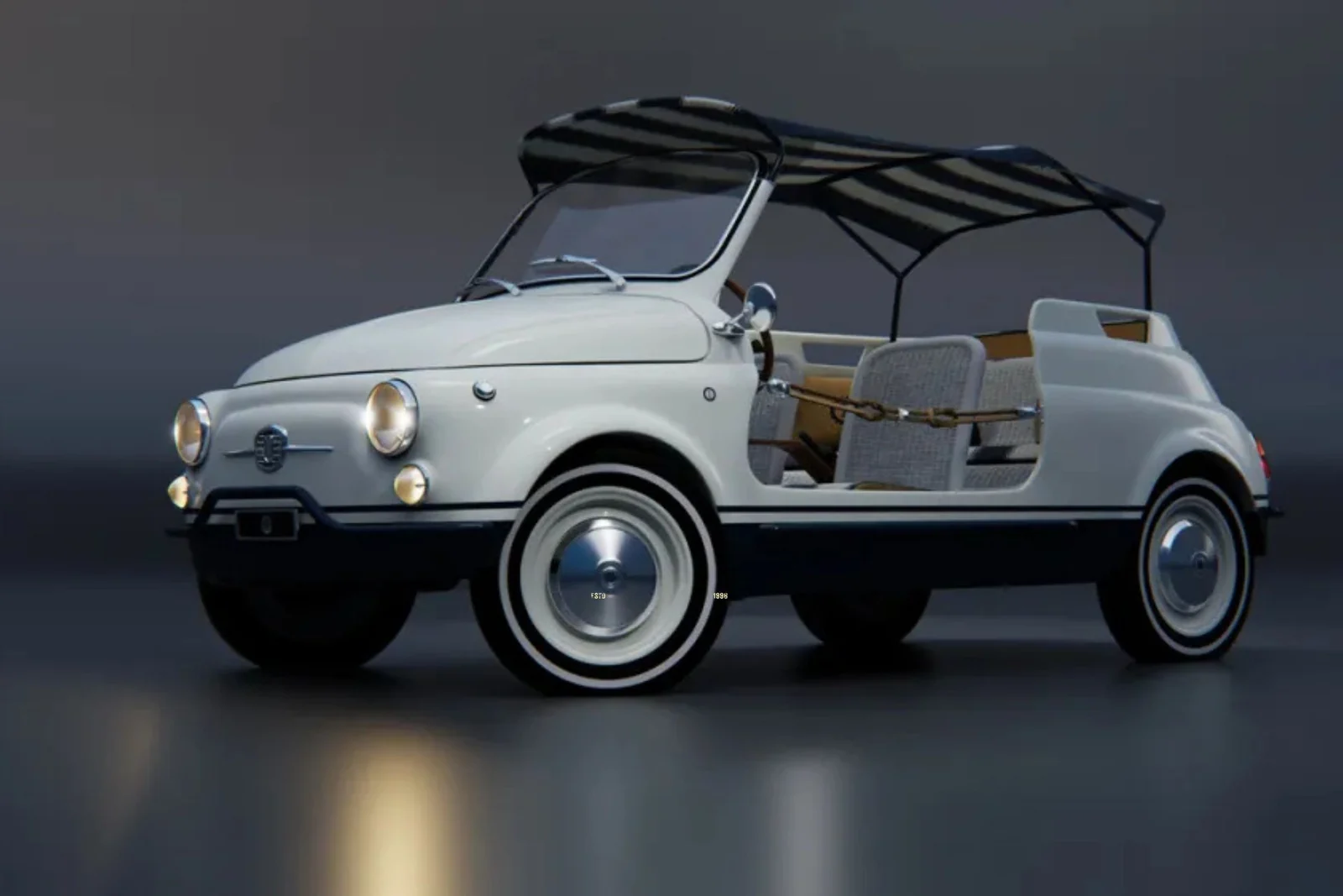Nyitott karosszériás, fehér Fiat 500 Spiaggina restomod csíkos vászontetővel