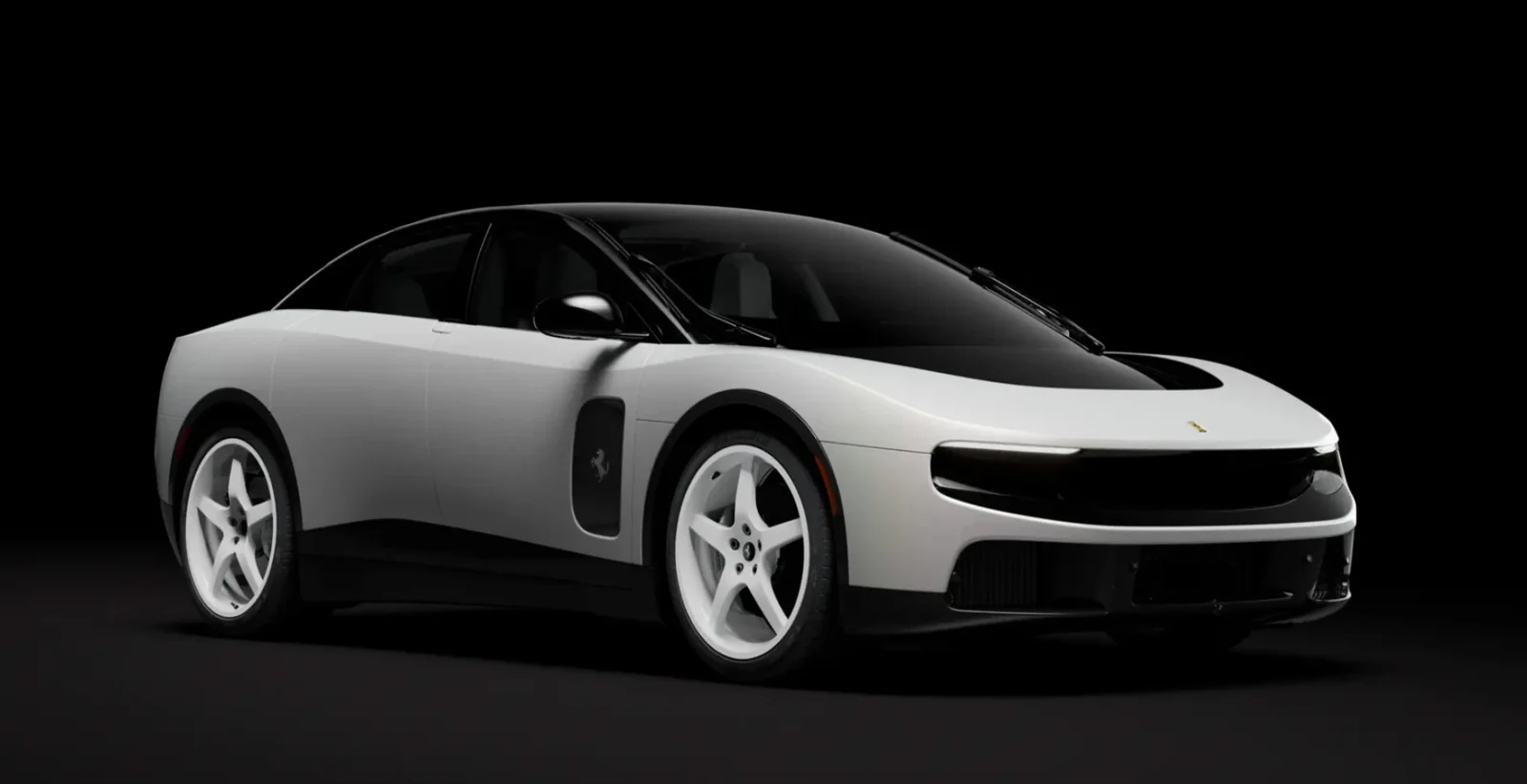 Fehér színű Ferrari Luce elektromos autó elölről fotózva, fekete tetővel és fehér felnikkel